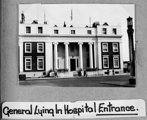 view General Lying In Hospital, York Road, Lambeth: hospital entrance. Photograph, 195- (?).