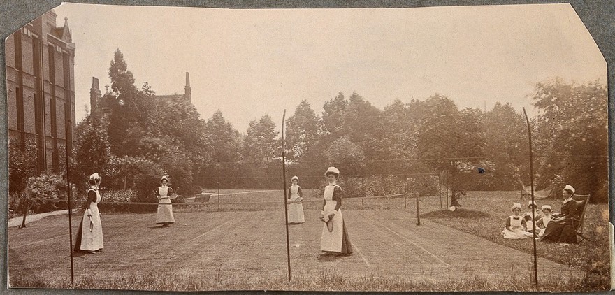 St Marylebone Infirmary, London: nurses playing tennis. Photograph, 1912.