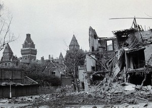 view St Charles Hospital, London: building damaged by bomb. Photograph, 1940.