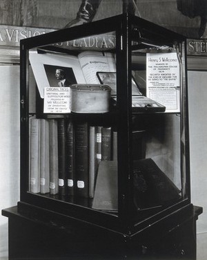 view Philadelphia College of Pharmacy and Science: tribute to Sir Henry Wellcome in glass case, on the occasion of his knighthood. Photograph, c. 1933.