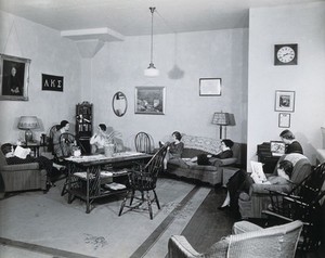 view Philadelphia College of Pharmacy and Science: women students in a sitting room. Photograph, c. 1933.