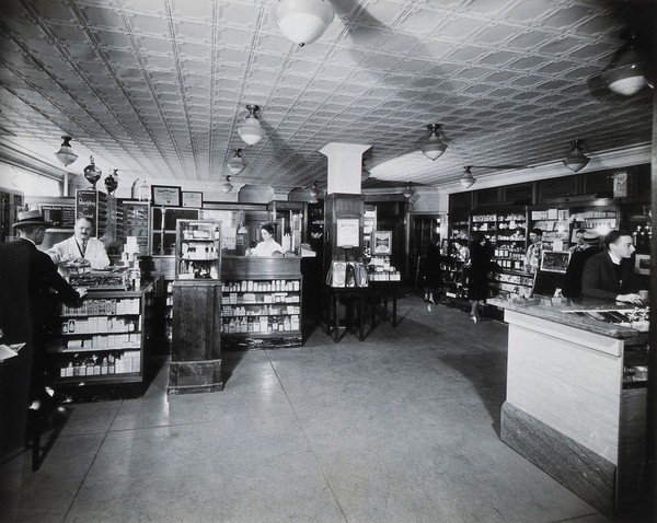 Philadelphia College of Pharmacy and Science: pharmacy area for students. Photograph, c. 1933.
