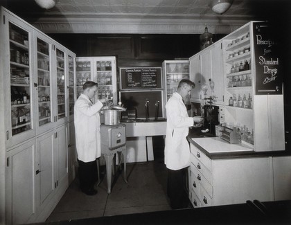 Philadelphia College of Pharmacy and Science: students preparing medicine. Photograph, c. 1933.