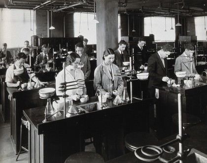 Philadelphia College of Pharmacy and Science: students being taught in a laboratory-style classroom. Photograph, c. 1933.