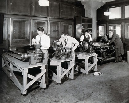 Philadelphia College of Pharmacy and Science: men using milling machines in a lab. Photograph, c. 1933.
