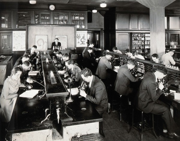 Philadelphia College of Pharmacy and Science: students looking through microscopes in a laboratory. Photograph, c. 1933.