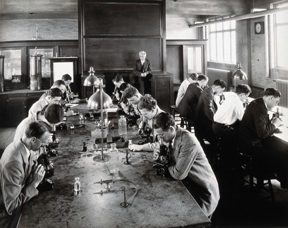 Philadelphia College of Pharmacy and Science: students looking through microscopes in a laboratory. Photograph, c. 1933.