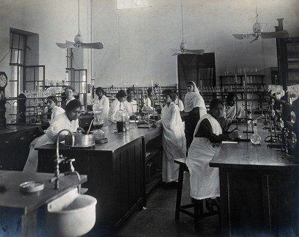 Lady Hardinge Medical College and Hospital, Delhi: women students in a laboratory. Photograph, 1921.
