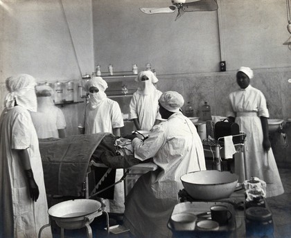 Lady Hardinge Medical College and Hospital, Delhi: an operation taking place. Photograph, 1921.