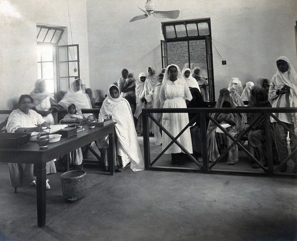Lady Hardinge Medical College and Hospital, Delhi: patients in the out-patients' department. Photograph, 1921.
