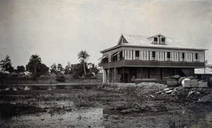 view Wooden building on swampland in Bonthe, Sierre Leone. Photograph, c. 1911.