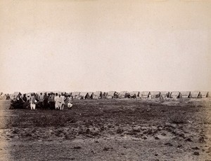 view A camp of wigwams, during the outbreak of bubonic plague in Karachi, India. Photograph, 1897.