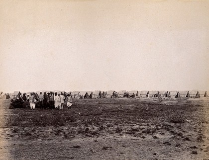 A camp of wigwams, during the outbreak of bubonic plague in Karachi, India. Photograph, 1897.