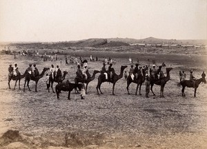 view A line of people on camels, during the outbreak of bubonic plague in Karachi, India. Photograph, 1897.