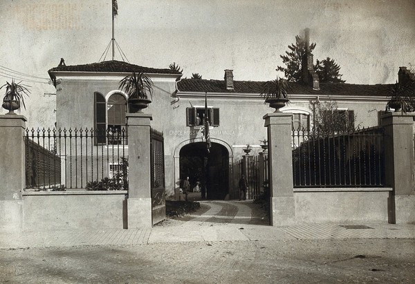 British Red Cross Hospital, Turin: entrance to the hospital. Photograph, c. 1918.