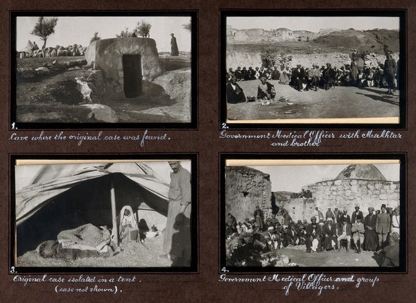 Smallpox epidemic, Palestine: group of villagers sitting with medical officer. Photograph, 1922.