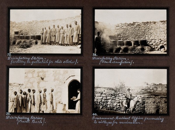 Smallpox epidemic, Palestine: men waiting for their disinfected clothes. Photograph.