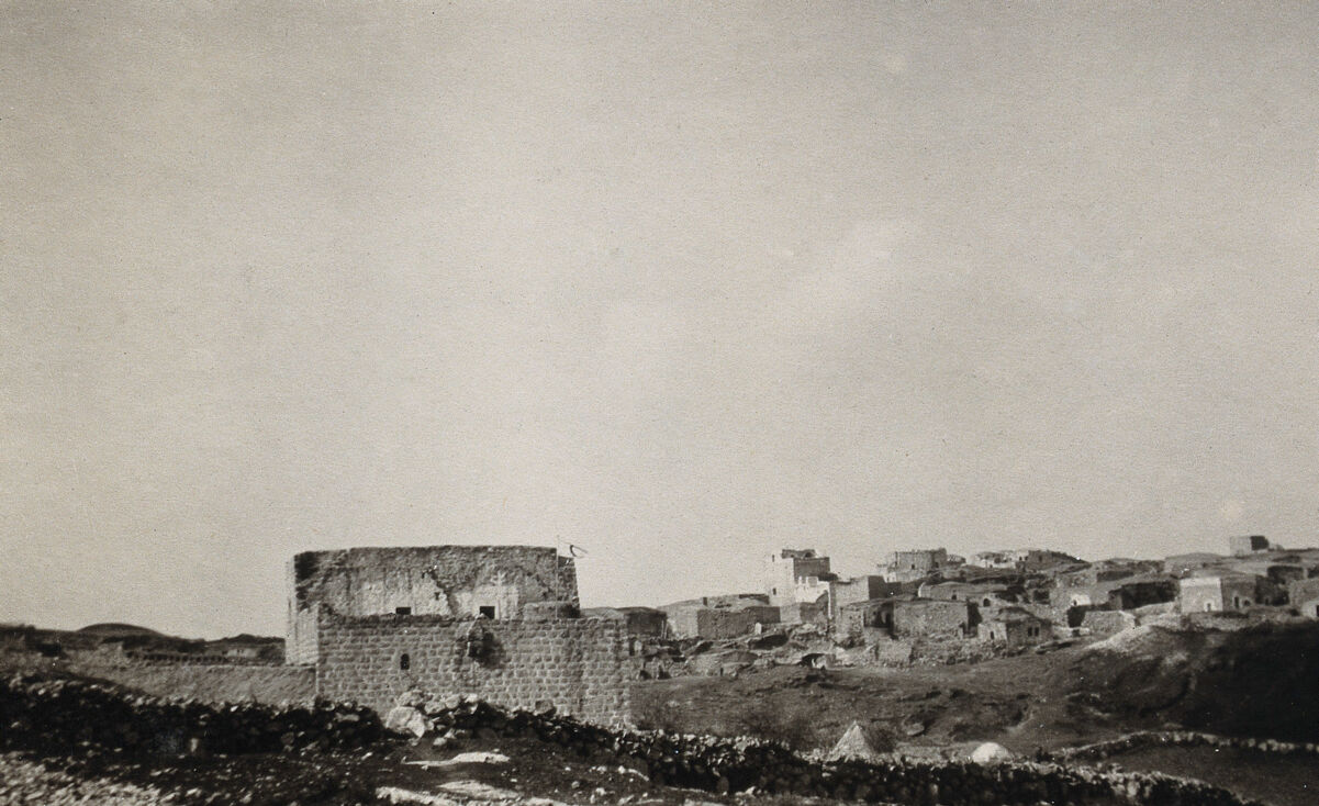 Smallpox epidemic, Palestine: the hospital and village. Photograph.