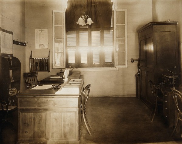 Wellcome Tropical Research Laboratories, Khartoum: interior of an office. Photograph, c. 1920.