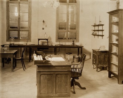 Wellcome Tropical Research Laboratories, Khartoum: room used by Captain O'Farrell. Photograph, c. 1920.