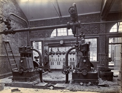 Johannesburg Hospital, South Africa: member of staff, possibly in the boiler room. Photograph, c. 1905.