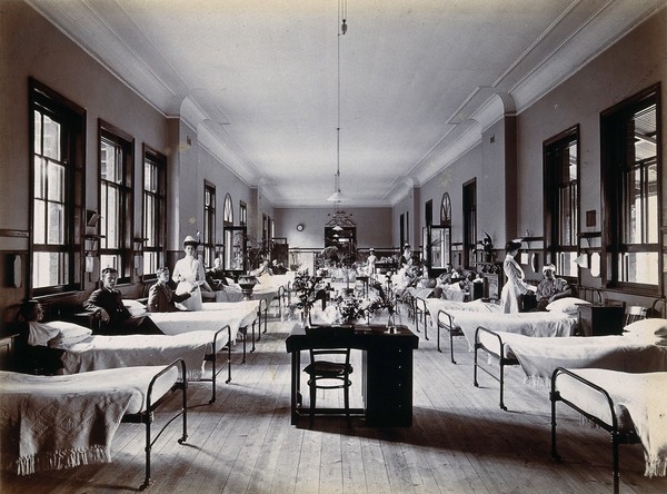 Johannesburg Hospital, South Africa: hospital ward with nurses and male patients. Photograph, c. 1905.
