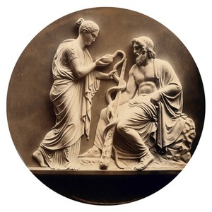 view Aesculapius, the God of Healing, with his daughter Hygieia, the goddess of health. Photograph, ca. 1890 (?), of a bas-relief.