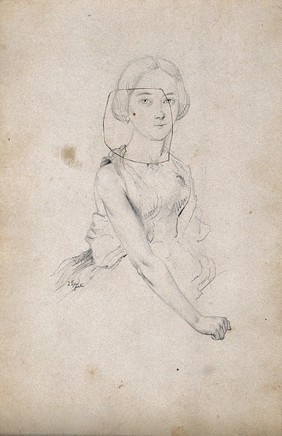 A young woman, front view with right forearm and shoulder exposed and stretching downwards. Drawing attributed to H.W. Berend, c. 1856.