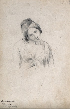 A woman with her head tilted to the right, viewed from the front. Drawing attributed to H.W. Berend, c. 1856.