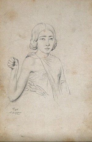 view A young woman, viewed from the front who has her right shoulder exposed, and her right arm raised with a clenched fist. Drawing attributed to H.W. Berend, c. 1856.