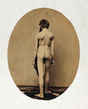 view A naked young man, viewed from the back in full length. Photograph by L. Haase after H.W. Berend, c. 1865.