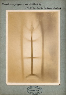 Unloading apparatus with leaden cage, viewed under x-ray. Photoprint from radiograph by W.K. Röntgen, 1895.