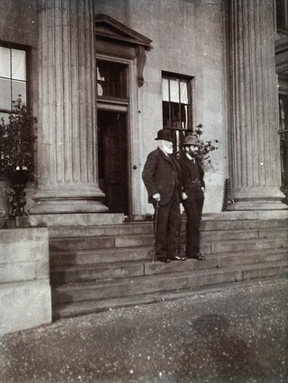 Arthur Schuster, with 1st. Baron Blythswood, on the steps of Blythswood House in Renfrewshire. Photograph, c. 1901.