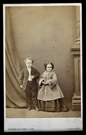 view Two dwarfs: Minnie Warren and Commodore Nutt, bridesmaid and groomsman at the wedding of General Tom Thumb in New York. Photograph, 10th February 1863.