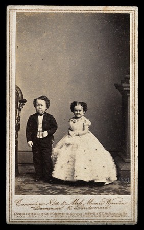 Two dwarfs: Minnie Warren and Commodore Nutt, bridesmaid and groomsman at the wedding of General Tom Thumb in New York. Photograph by Mathew Brady, 10 February 1863.