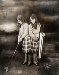 view Daisy and Violet Hilton, conjoined twins, dressed for golf. Photograph, c. 1927.