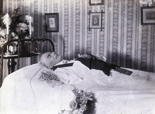 Friern Hospital, London: a dead man, probably a clergyman. Photograph, 1890/1910.