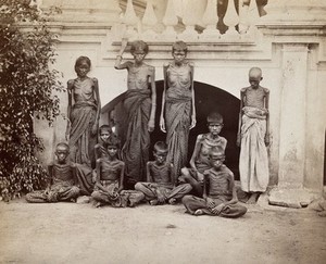 view Famine in Bangalore, India: a group of emaciated women and children. Photograph attributed to Willoughby Wallace Hooper, 1876/1878.