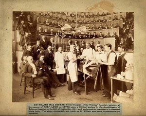 view Sir William MacCormac about to perform a surgical operation at the Bellevue Hospital, New York. Albumen print, 1891.