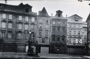 view The front of a pharmacy in a cobbled square in Prague. Photograph by Z. Reach.