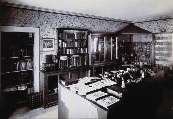 Part of the collection of pharmaceutical and medical antiques collected by Burkhard Reber and exhibited in Geneva in 1904. Photograph.