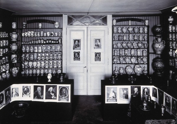 Part of the collection of pharmaceutical and medical antiques collected by Burkhard Reber and exhibited in Geneva in 1904. Photograph.