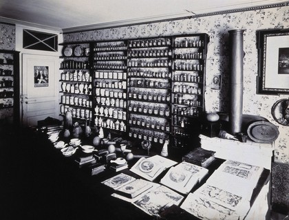 Part of the collection of pharmaceutical and medical antiques collected by Burkhard Reber and exhibited in Geneva in 1904. Photograph.