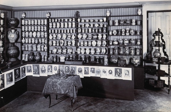 Part of the collection of pharmaceutical and medical antiques collected by Burkhard Reber and exhibited in Geneva in 1904. Photograph.