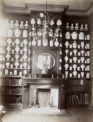 view Drug jars and books on shelves surrounding a mantlepiece with a statue and a mirror. Photograph.