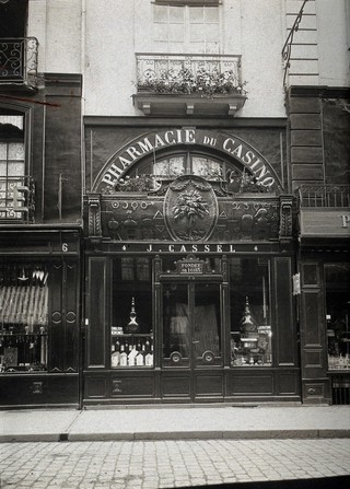 The front of the pharmacy of J. Cassel, founded in 1683 at 4 Rue de la Barre, Dieppe. Photograph.