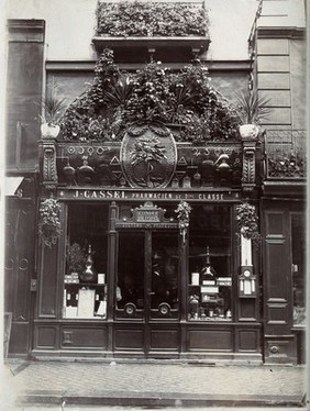 The front of the pharmacy of J. Cassel, founded in 1683 at 4 Rue de la Barre, Dieppe. Photograph.