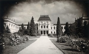 view Franzensbad (Františkovy Lázně), Czechoslovakia: a path with rose bushes on either side leading to a large building used as a bathing house. Photograph.