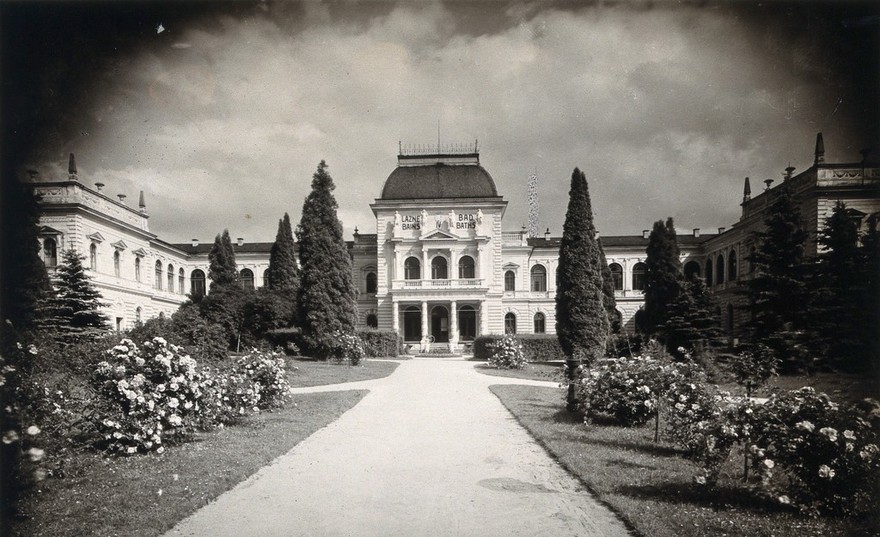 Franzensbad (Františkovy Lázně), Czechoslovakia: a path with rose bushes on either side leading to a large building used as a bathing house. Photograph.