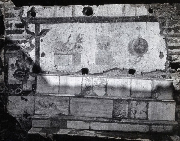 Partly ruined buildings in Ostia identified as a tavern or hot-food shop (thermopolium) from the 3rd century AD: a fresco depicting vegetables, wine and fruit, seen from the front; marble steps descend below. Photograph.